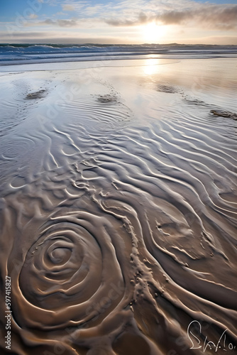 tide-swirled sand portraits, fleeting artistic masterpieces created by the sea's whimsical brush, spontaneous moments captured in sand's embrace, abstract shoreline gallery, natural se AI generated.