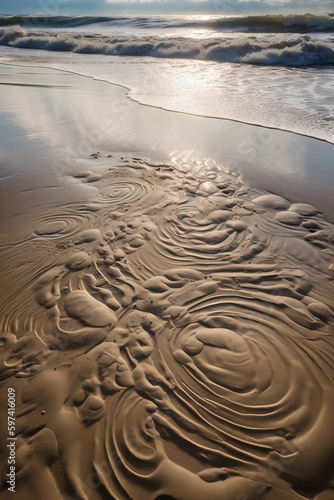 tide-swirled sand portraits, fleeting artistic masterpieces created by the sea's whimsical brush, spontaneous moments captured in sand's embrace, abstract shoreline gallery, natural se AI generated.