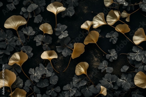 Black floral wallpaper with golden ginko biloba leaves and white flowers. Generative AI © Beatriz