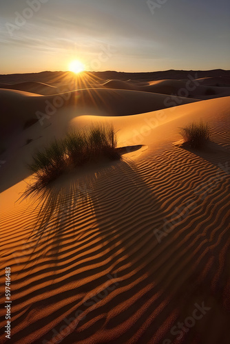 sunrise over sand patterns, the first sunrays cast vibrant hues onto dunes' natural rhythm, a dazzling display of light and shadow forming illusionary landscapes, ephemeral desert para AI generated.
