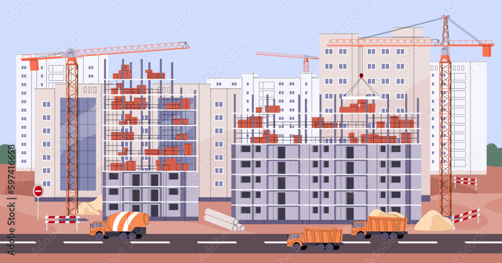 Construction site with cranes and multi-storey buildings, apartment houses. Multistory structures, block of flats, condo development process. Residential real estate, property. Vector illustration