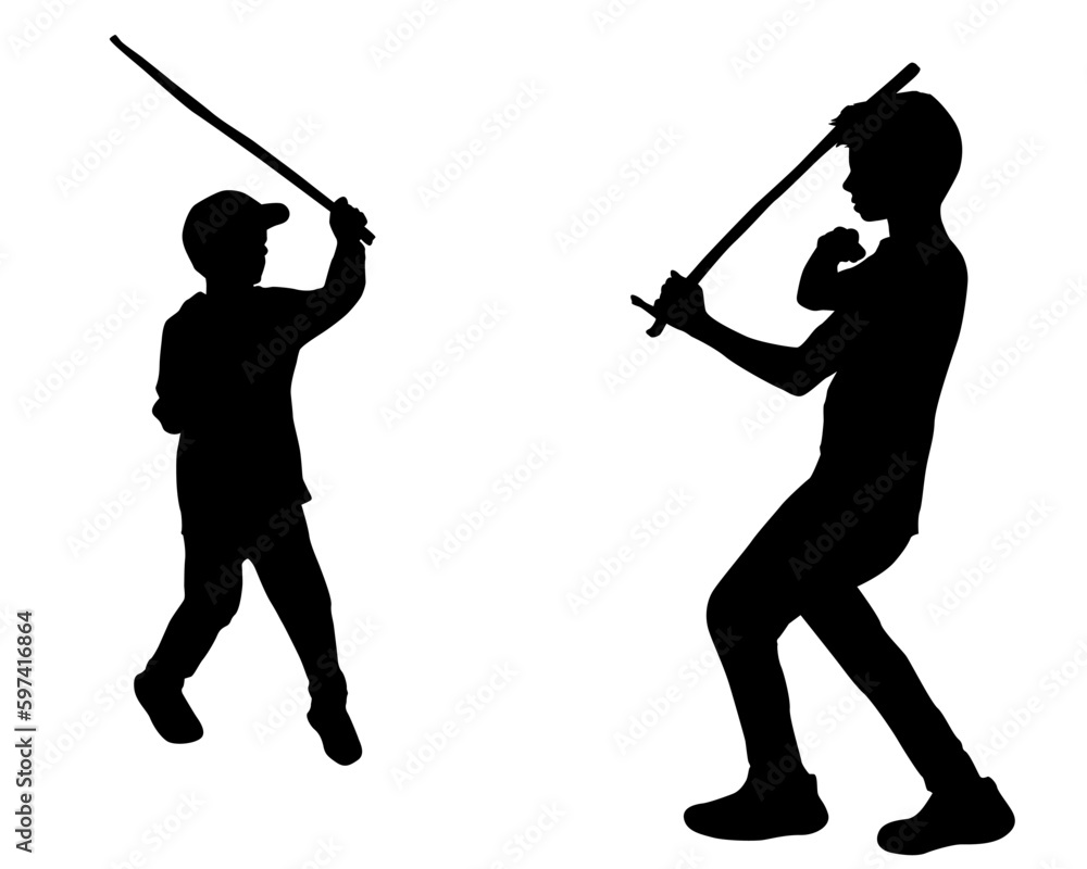 Naklejka premium Boys outdoor playing and fighting with wood sticks vector