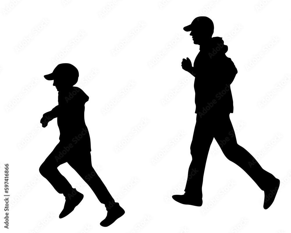 Fototapeta premium Running father and son outdoor spring illustration