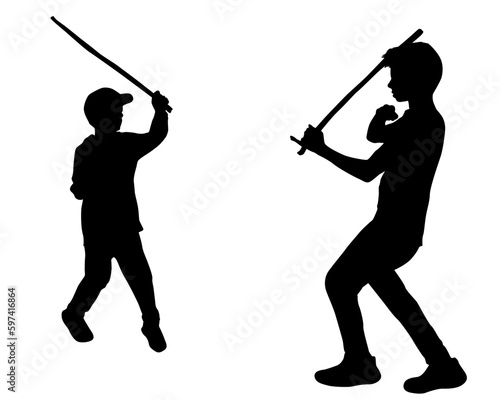 Boys outdoor playing and fighting with wood sticks vector