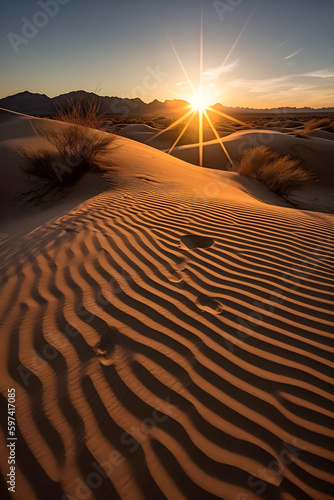 sunrise over sand patterns, the first sunrays cast vibrant hues onto dunes' natural rhythm, a dazzling display of light and shadow forming illusionary landscapes, ephemeral desert para AI generated.