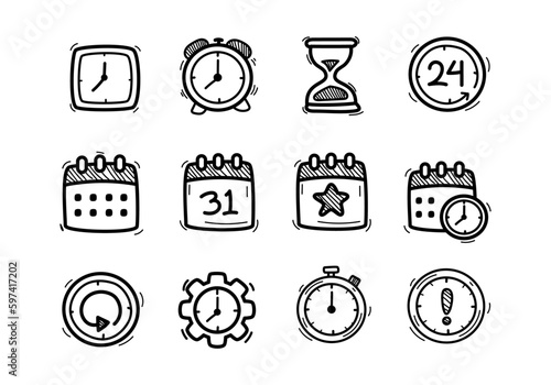 Set of time and calendar icons in cute doodle style isolated on white background