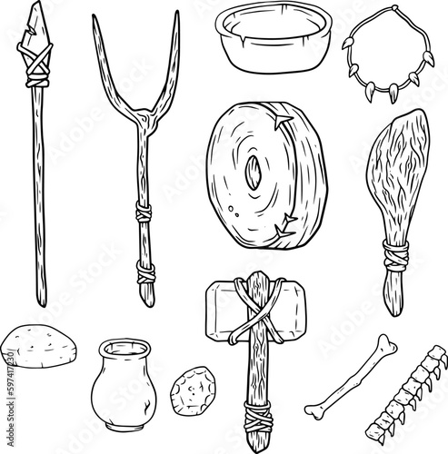 Set of items of primitive man and hunter. Weapons of caveman. Stone age hammer, axe and club. Lifestyle and tool. Cartoon illustration