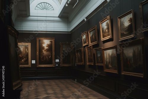 Art gallery showing paintings in a museum. Generative AI