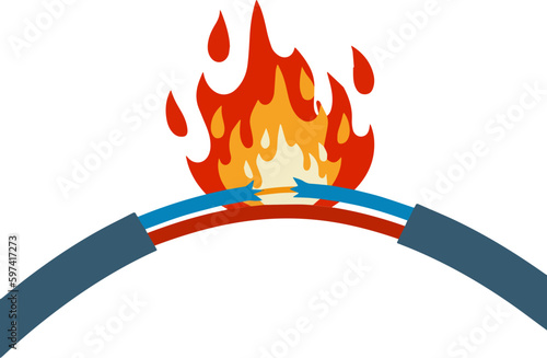 Damaged cable with red wire. short circuit. Cartoon flat illustration. Broken line. faulty electrical appliance. Safety rule. Orange flame and fire isolated on white