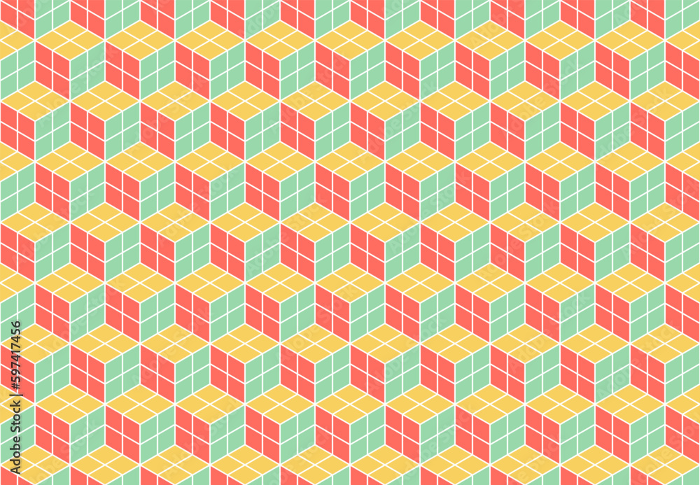 Seamless geometric colorful 3d cube pattern background. Vector Repeating Textures.