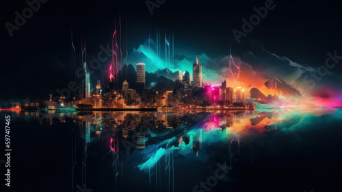 night city in the reflection in the water. Two worlds virtual and natural against the background of a color image of rainbow mountains. Generative AI