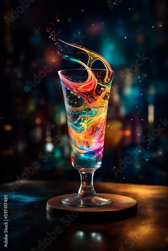 Unearthly antigravity cocktail resting on the counter, with colorful turbulence, mixes realistic and fantastical elements, rainbowcore, dark orange and light blue. AI generated image