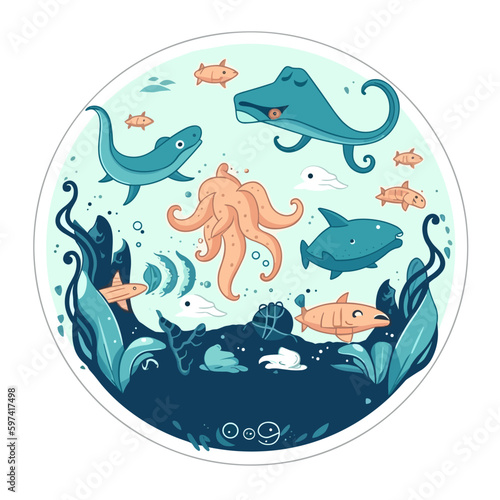 marine aquarium, aquatic reserve, ocean life, cartoon vector illustration. label, sticker, t-shirt printing