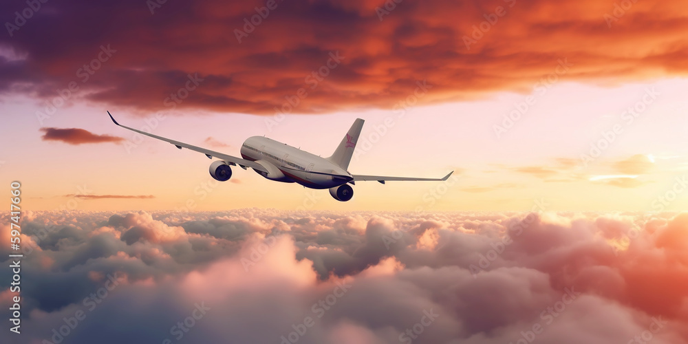 Passengers commercial airplane flying above clouds on sunset. Airliner in flight. Generative AI Passengers commercial airplane flying above clouds on sunset. Airliner in flight. Generative AI
