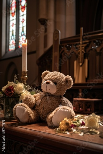 Concept of child abuse in church: teddy bear on the floor in cathedral