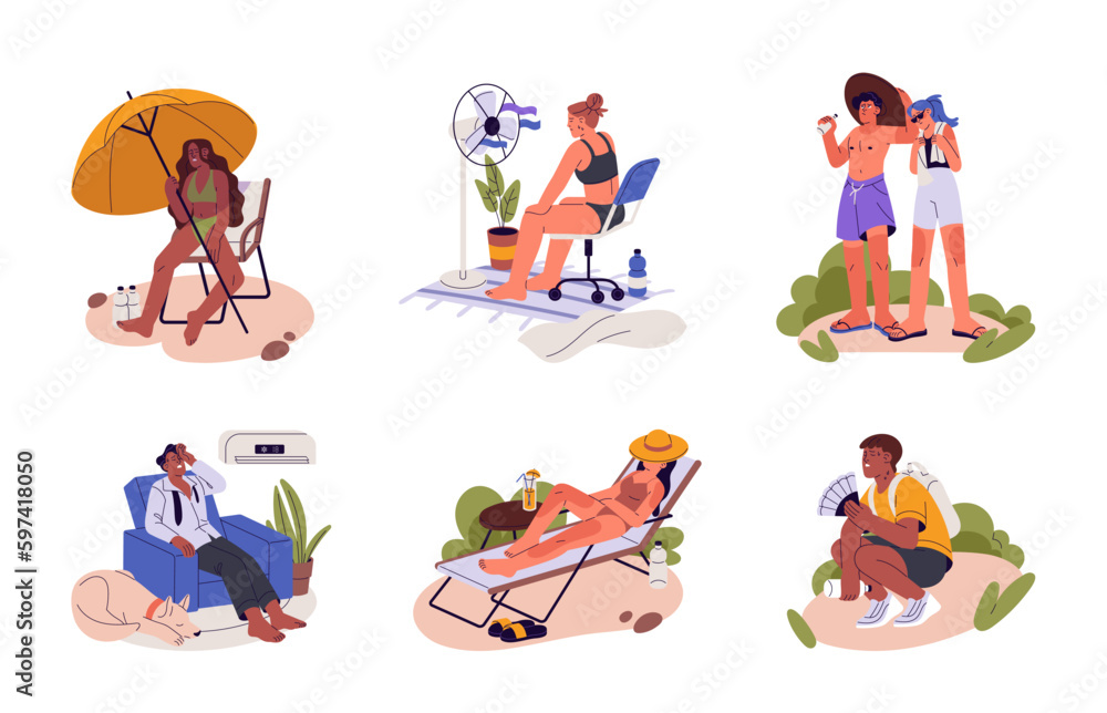 Summer heat. People sweating, suffering from hot weather, heatwave, high temperature. Characters with sunburn, sunstroke, heatstroke set. Flat graphic vector illustrations isolated on white background