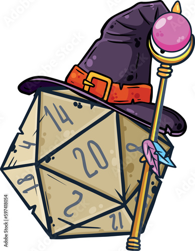 Dice for playing DnD. Tabletop role-playing game Dungeon and dragons with d20. Magical role of sorcerer with witch hat. Cartoon illustration