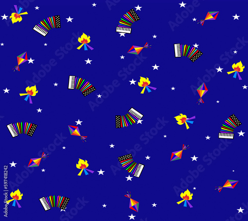 Saint John's day pattern with accordion, bonfire, balloons and stars patterns on blue background