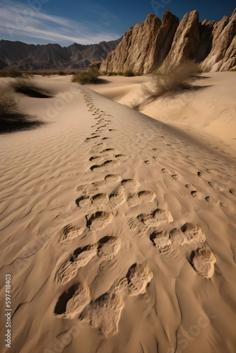 fossilized sand impressions, timeless frozen remnants of ancient flora or fauna, clues to life's prehistoric past, geological imprints, sun-bathed desert treasures, a walk with echoes AI generated.