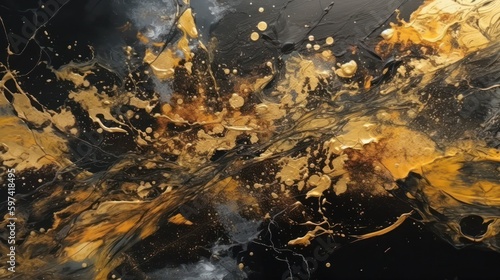 abstract background golden paint stains on a black background. Watercolor and acrylic. Generative AI