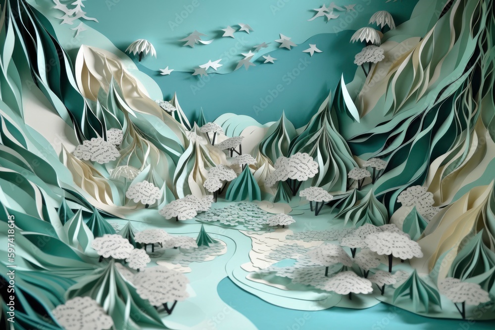 Papercut style art design, about nature and renewable energies. Generative ai