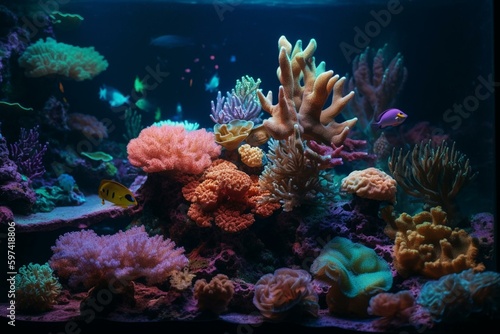 Vibrant and diverse underwater ecosystem with neon corals and sea flowers. Generative AI