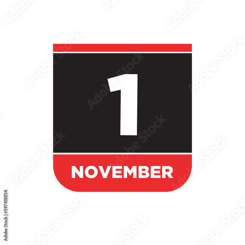 1st November calendar date icon. 1 Nov lettering.