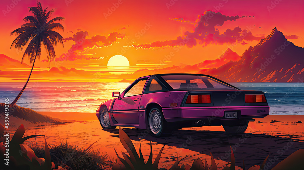 80s Sports Car on a Coastal Sunset Drive Illustration