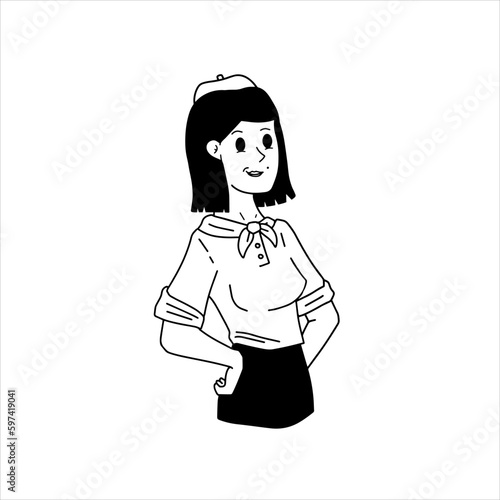 Cute French woman with scarf and beret. Funny drawing of Frenchwoman. Typical European character. Cartoon illustration isolated on white