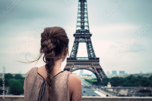 generative ai illustration of beautiful woman from behind in france, paris