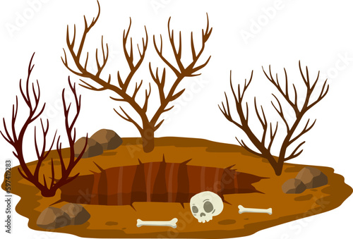 Big hole in ground. Brown dry soil and mine with skull. Human bone.