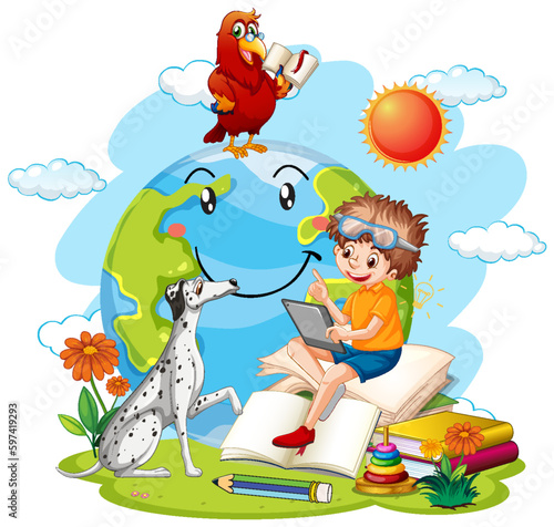 Earth planet with cartoon characters