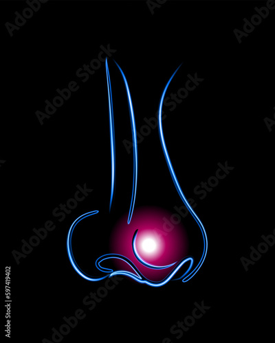 Vector isolated illustration of nasal congestion. Neon sign of sinusitis. Treatment of sinusitis and sinusitis. Cold. A mild cold.