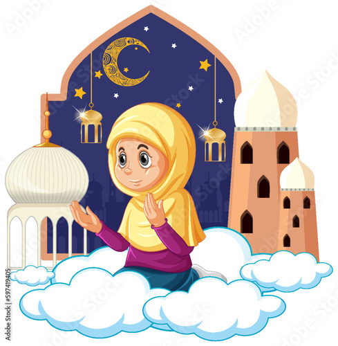 Arab Muslim Girl Praying Cartoon Character
