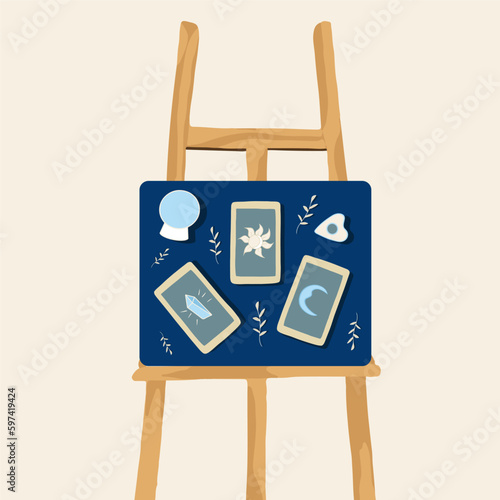 Vector isolated illustration of studying tarot card meanings. Education of a tarologist. Prediction of the future.