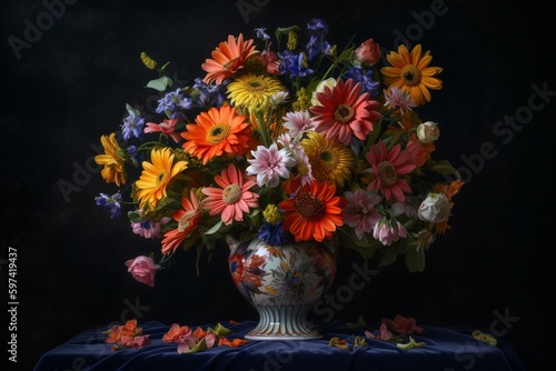 A vibrant watercolor painting of a flower vase filled with multicolored daisies in full bloom during springtime. Generative AI