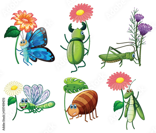 Set of various insect cartoon characters