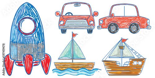 Set of transportation scribble style