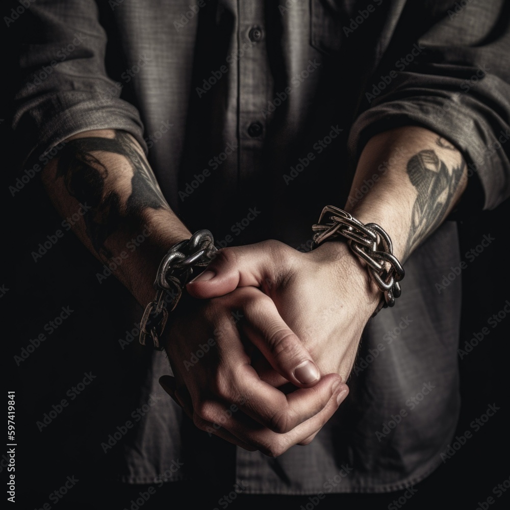 Close-up picture of prisoner's hands handcuffed in chains