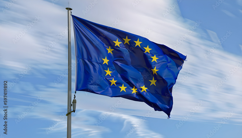 Flag of the European Union waving in the wind on flagpole against the sky with clouds on sunny day, clouds., Ai generated 
