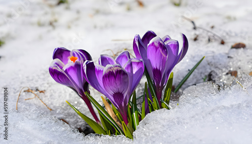 Crocuses - blooming purple flowers making their way from under the snow in early spring space purple, Ai generated  © Hina
