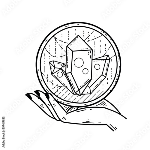 Magic crystal ball and gems in hand. Mystical and magical witch ritual. Spiritual mystery future wizard teller. Esoteric Astrology and fortune.