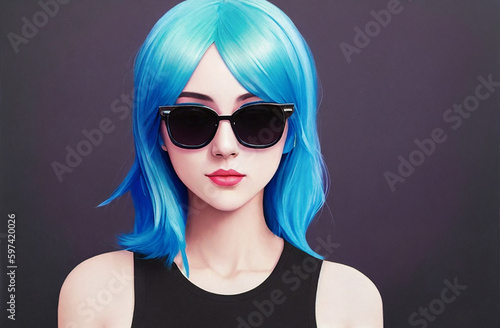 Portrait of a young woman with blue hair and sunglasses. Content made with generative AI not based on real persons. 