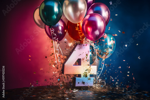 Fête anniversaire avec ballons multicolores pour célébrer les 4 ans » IA générative