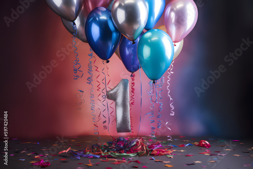 Ballons argentés pour fêter 1 an d'anniversaire sur fond coloré » IA générative