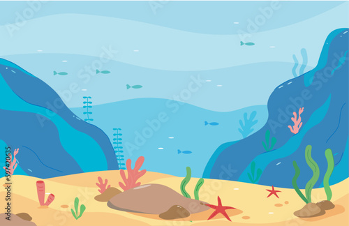 Underwater world. Sea, ocean underwater background.  Marine sea bottom with underwater plants, corals and fishes. Panoramic seascape.