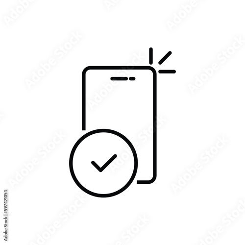 check mark with phone icon like apply now or confirm. flat trend modern logotype graphic web outline design element isolated on white. concept of electronic wallet or ewallet easy transaction sign
