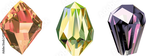 A collection of images of diamonds of various geometric shapes, colors and sizes.Glass shiny crystals with different shades reflecting light.Vector realistic set of glow gemstone or colorful ice.