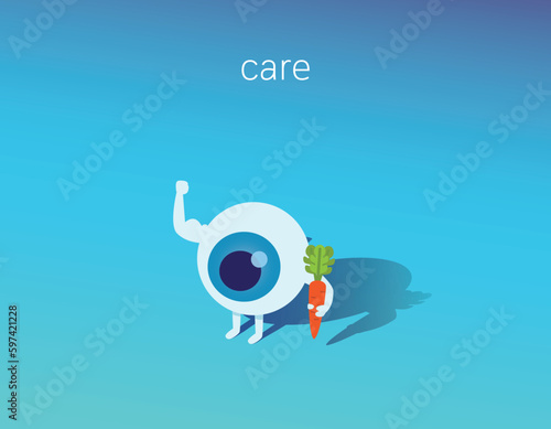 Strong healthy white eye, 3d isometric illustration icon. Food for Eyes care. Medical healthcare concept. eyeball with a carrot. Healthy nutrition Vector flat icon cartoon character design. 