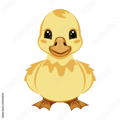 Chicken. Cartoon character. Baby, who appeared from a chicken egg. On white background. Cartoon, simple vector image. Child image of a yellow chicken. Used for printing, web design, stickers. 